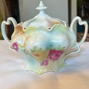 Antique 1920 German Rare Art Nouveau Floral Porcelain Sugar Pot Heart Handles